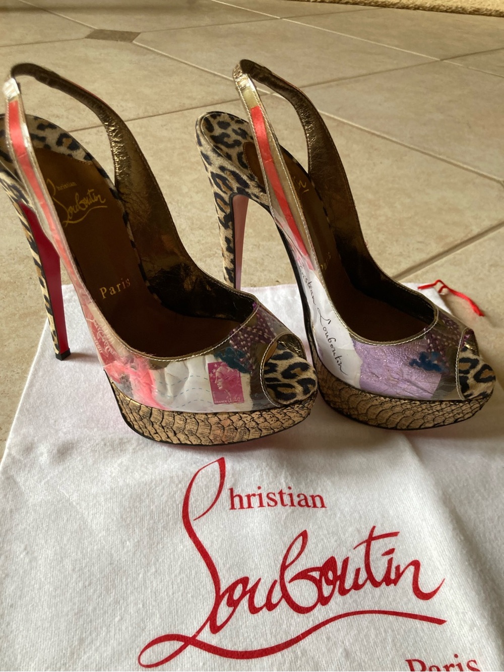 Christian Louboutin Winter EcoTrash Leopard Print Peep-Toe Slingback heels